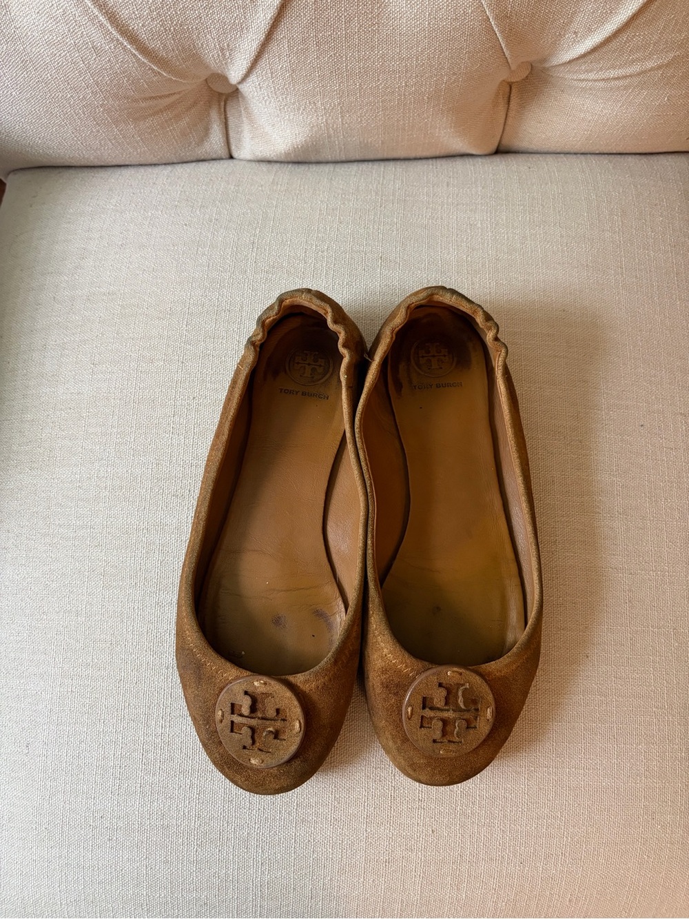 Tory Burch Tan Suede Logo Ballet Flats